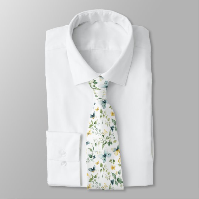 Watercolor Butterfly Floral Pattern in Soft Yellow Tie (Tied)