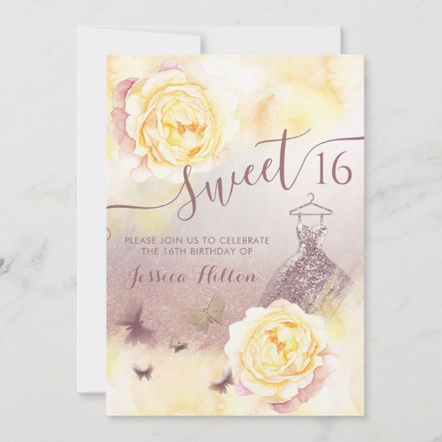 Watercolor Butterfly floral peony sweet 16  Invitation (Front)
