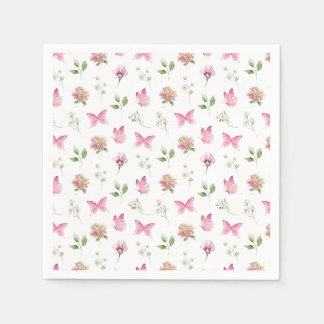 Watercolor Butterfly Floral Pink White Baby Shower Napkin