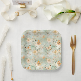 Watercolor Butterfly Floral Sage Orange Paper Plate
