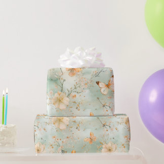 Watercolor Butterfly Floral Sage Orange Wrapping Paper