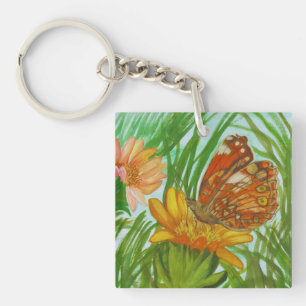 Watercolor Butterfly flower garden Key Ring