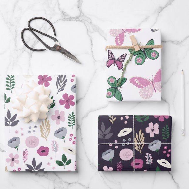 Watercolor Butterfly Garden Pattern Wrapping Paper Sheet (Front)