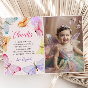 Watercolor Butterfly Girl Birthday Photo Thank You Card