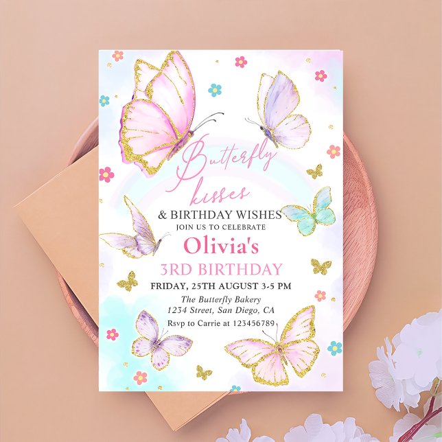 Watercolor Butterfly Kisses and Birthday Wishes Invitation (Creator Uploaded)