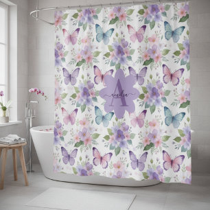 Watercolor Butterfly Meadow & Floral Monogram Shower Curtain