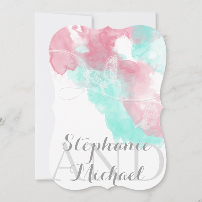 Watercolor Butterfly Minted Blush Wedding Invitation (Front)