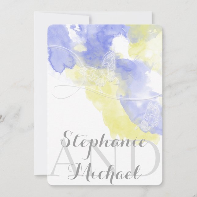 Watercolor Butterfly Periwinkle Wedding Invitation (Front)