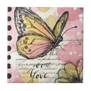 Watercolor Butterfly Pink Gold Boho Nature Art (1) Tile
