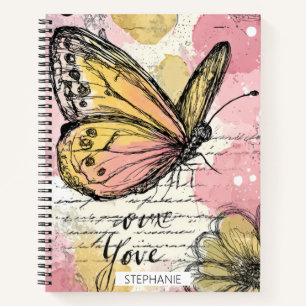 Watercolor Butterfly Pink Gold Boho Nature Art (2) Notebook