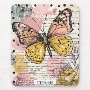 Watercolor Butterfly Pink Gold Boho Nature Art (3) Mouse Pad