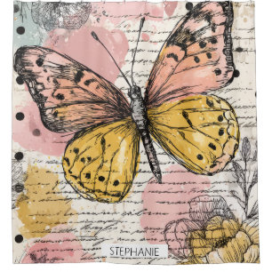 Watercolor Butterfly Pink Gold Boho Nature Art (3) Shower Curtain