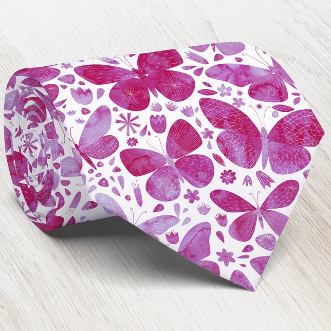 Watercolor Butterfly Pink Tie (Watercolor butterfly hot pink and white neck tie)