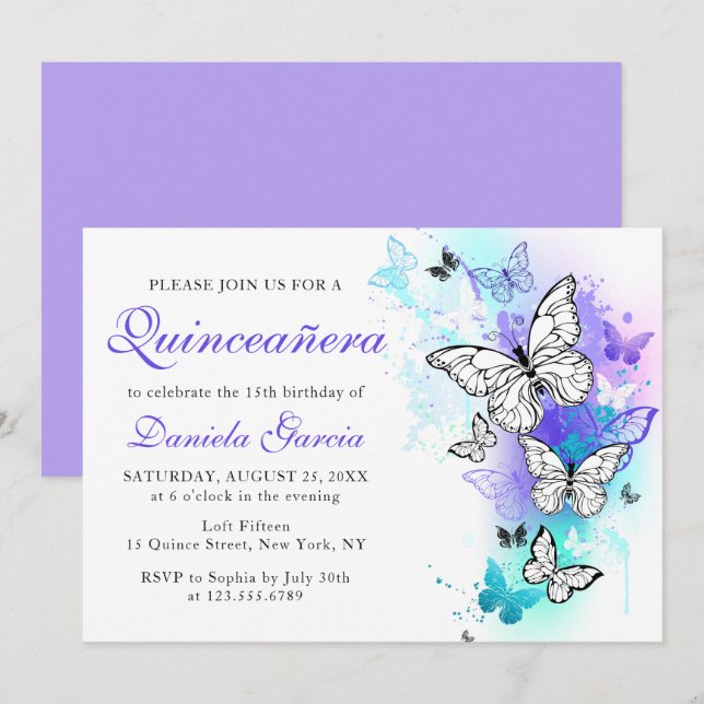 Watercolor Butterfly Purple Turquoise Quinceañera Invitation (Front/Back)