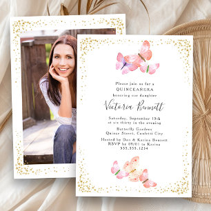 Watercolor Butterfly Quinceanera Photo 15th Invitation
