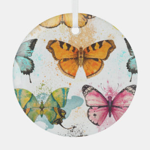 Watercolor Butterfly Seamless Delicate Pattern Glass Tree Decoration