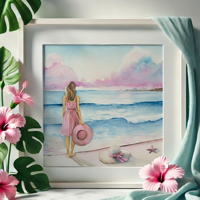 Watercolor By the Shoreline  Photo Print (Watercolor beach scene for sale in pink and blue by Victoria Grigaliunas of Do Tell A Belle)