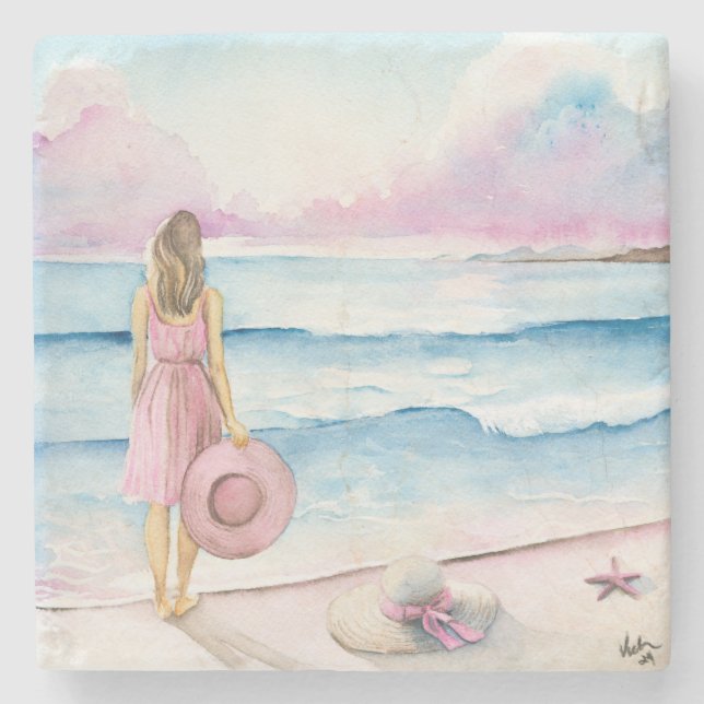 Watercolor By The Shoreline Unique  Stone Coaster (Front)