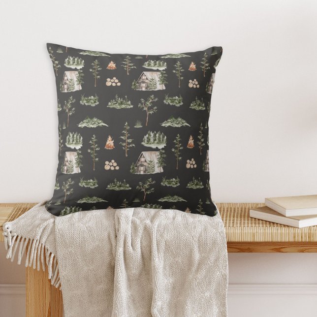 Watercolor Cabin Forest Seamless Pattern Cushion (In situ)