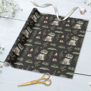 Watercolor Cabin Forest Seamless Pattern Wrapping Paper