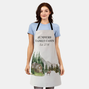 Watercolor Cabin House Home Family Name Apron