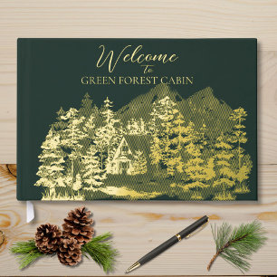 Watercolor Cabin in The Green Forest Gold Foil Guest Book