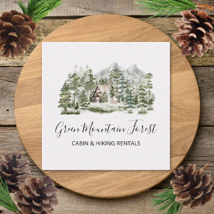 Watercolor Cabin in The Green Pine Forest Square Business Card