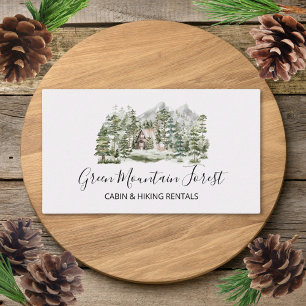 Watercolor Cabin in The Green Pine Forest Woodland Business Card