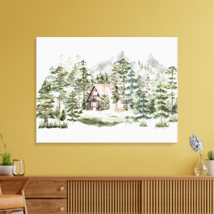 Watercolor Cabin in The Green Pine Forest Woodland Canvas Print