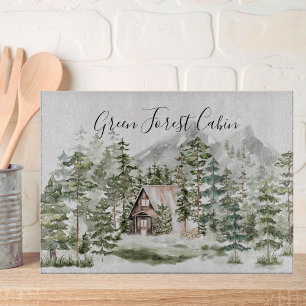 Watercolor Cabin in The Green Pine Forest Woodland Cutting Board
