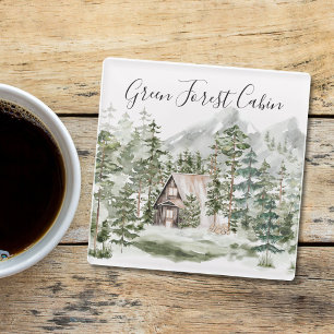 Watercolor Cabin in The Green Pine Forest Woodland Glass Coaster