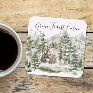 Watercolor Cabin in The Green Pine Forest Woodland Square Paper Coaster