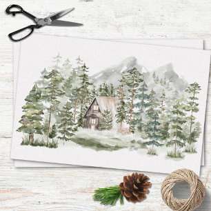 Watercolor Cabin in The Green Pine Forest Woodland Tissue Paper