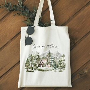 Watercolor Cabin in The Green Pine Forest Woodland Tote Bag