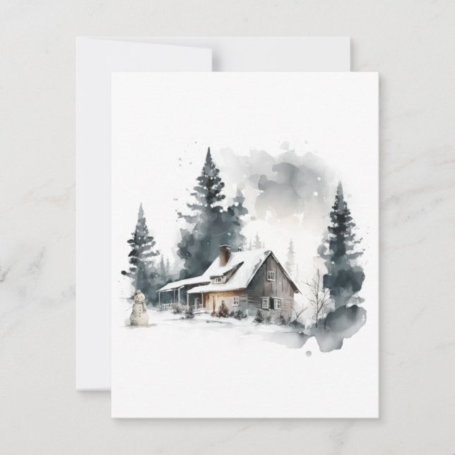 Watercolor Cabin in the Snow Holiday Card (Front)