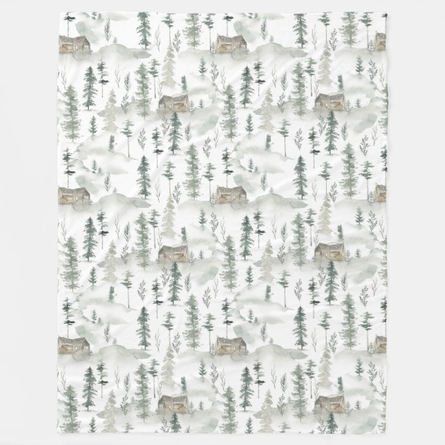 Watercolor Cabin in the Woods Pattern Fleece Blanket (Front)
