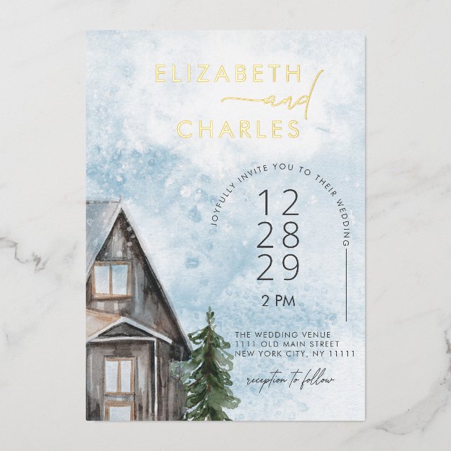 Watercolor Cabin Rustic Winter Holiday Wedding (Front)