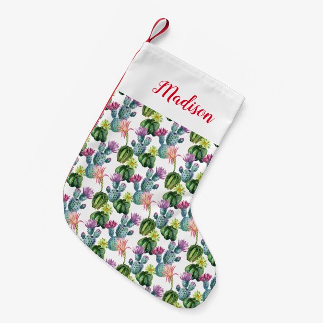 Watercolor Cacti Art Pattern Small Christmas Stocking (Front (Hanging))