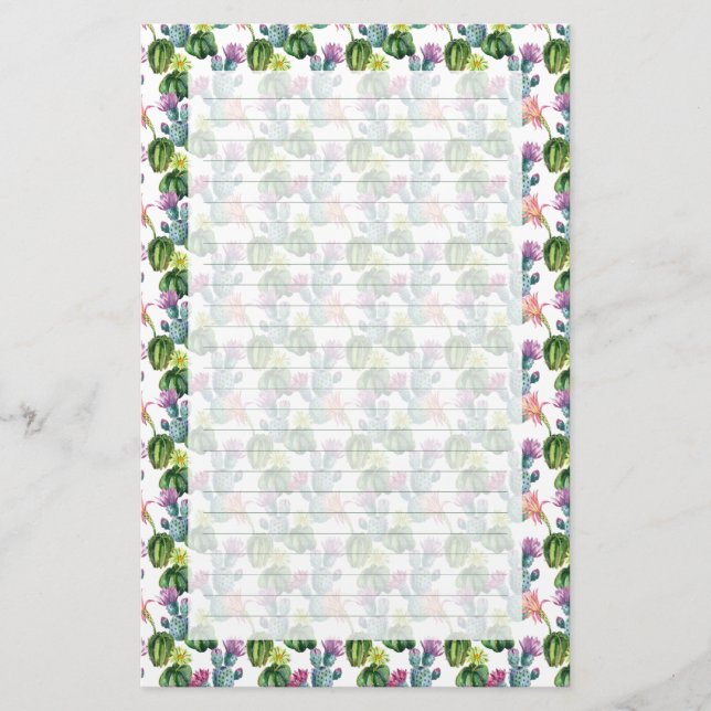 Watercolor Cacti Art Pattern Stationery (Front)