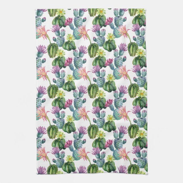 Watercolor Cacti Art Pattern Tea Towel (Vertical)