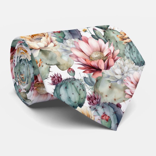 Watercolor Cacti Blooming Succulents Tie (Rolled)
