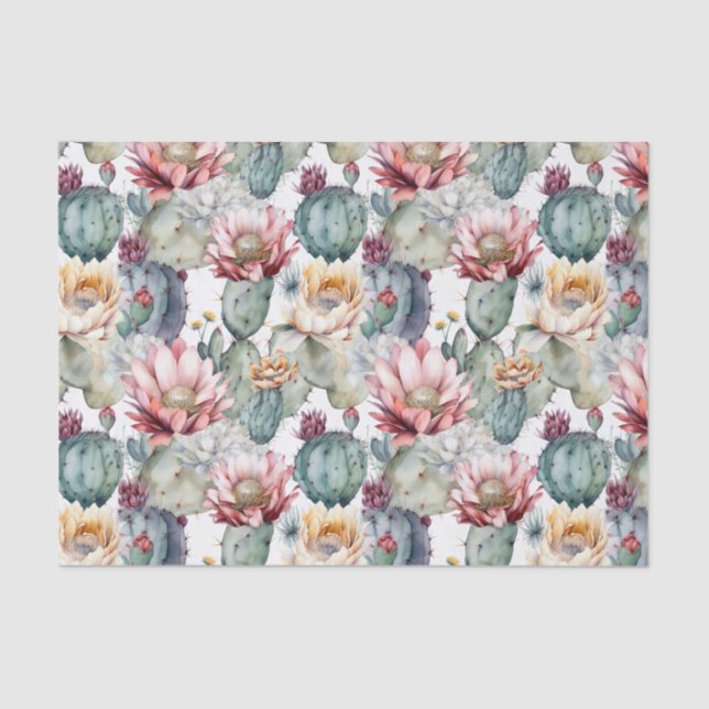 Watercolor Cacti Blooming Succulents Tissue Paper (Front)