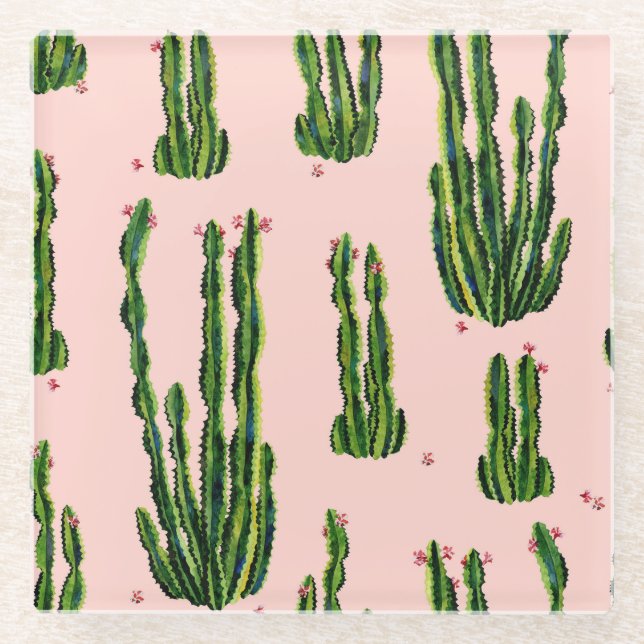 Watercolor Cacti: Blossoming Seamless Pattern Glass Coaster (Front)