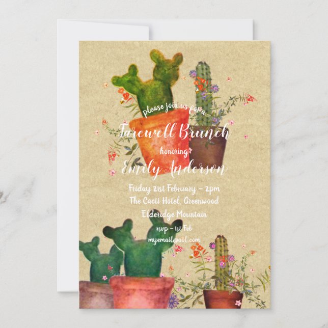 Watercolor CACTI Farewell Party Rustic Invitations (Front)