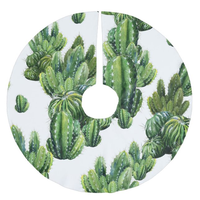 Watercolor Cacti Seamless Illustration Pattern Brushed Polyester Tree Skirt (Front)