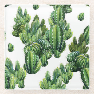 Watercolor Cacti Seamless Illustration Pattern Glass Coaster