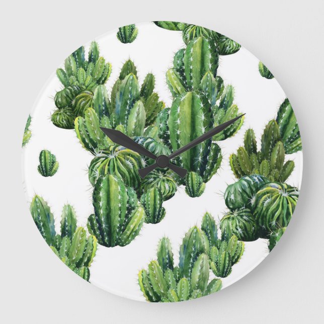 Watercolor Cacti Seamless Illustration Pattern Large Clock (Front)