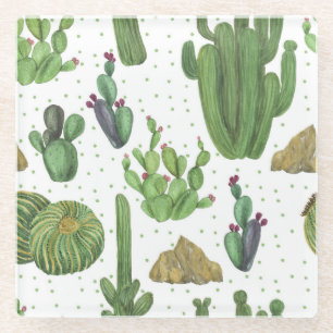 Watercolor cacti, seamless natural pattern. glass coaster