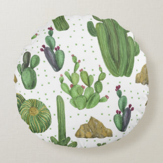 Watercolor cacti, seamless natural pattern. round cushion