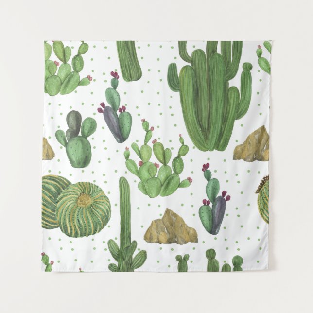 Watercolor cacti, seamless natural pattern. tapestry (Front)
